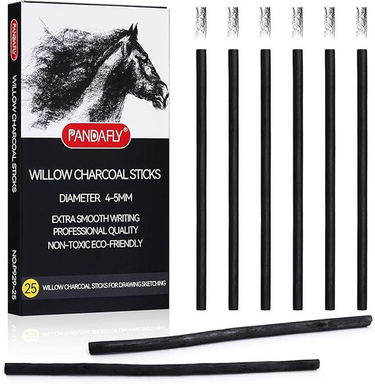 PANDAFLY Willow Charcoal Sticks, Soft, Black Artist Vine Charcoal for Artists, Beginners, Students, Great for Sketching, Drawing, Shading and Fine Art, 4-5mm, 25 Pack