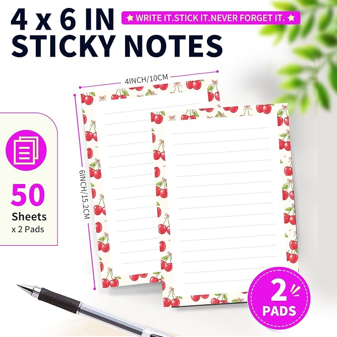 Lined Sticky Notes 4x6 in, 2 Pack Large Cute Notepads with Lines Self-Stick Note Pad, Funny Memo Pads Strong Adhesive for Office, Home Cute Red Cherry