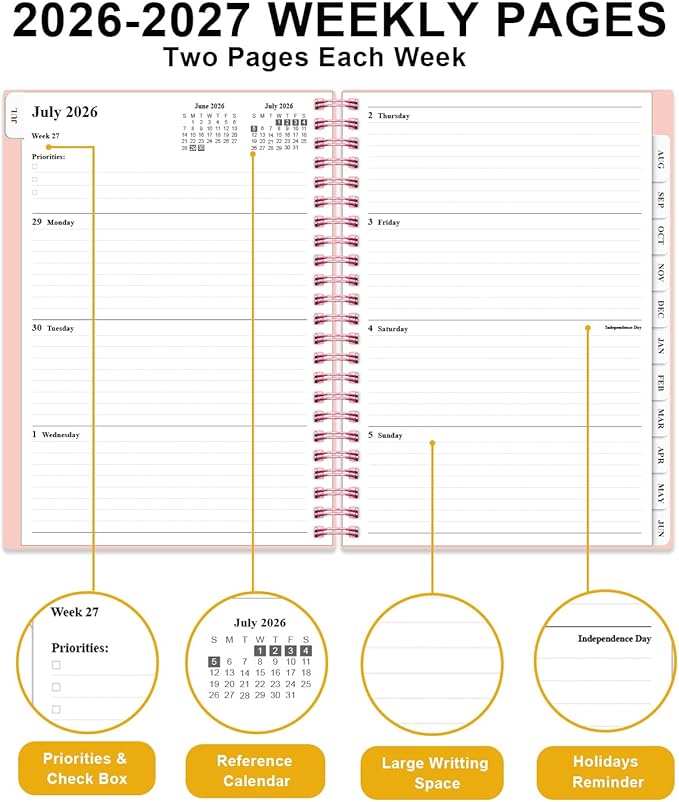 Planner 2026-2027 - Academic Planner from July 2026 to June 2027, Weekly & Monthly Planners Spiral Bound with 12-Month Tabs, Inner Pocket, 6.25" x 8.5", Pink