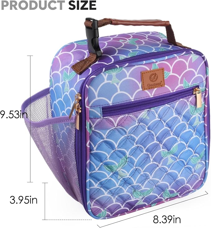Genteen Kids Lunch Box Insulated Soft Mini Cooler with Bottle Holder, Lightweight Reusable Easy-Clean Lunch bag for Girls, Boys Back to School-Mermaid