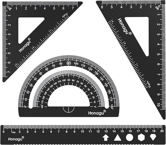 Honagu Triangular Ruler Set, 4 Pieces Aluminum Alloy Ruler, Metal Drafting Ruler, Geometric Protractor for Students, Draftsmen, Engineers, Home School Office Supplies (20cm/7.87inches, Black)