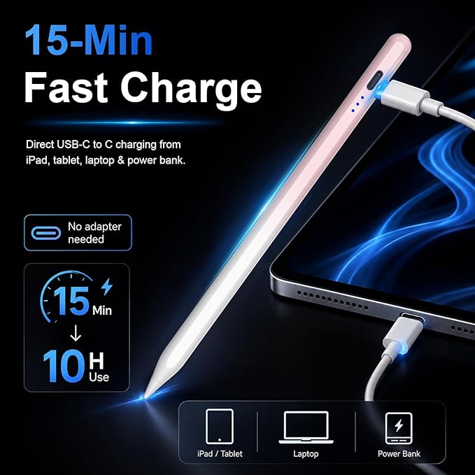HATOKU Stylus Pen for iPad 2018-2026, 15 Mins Fast Charging Pencil 1st Gen with Tilt & Palm Rejection Digital Pens Stylus for iPad 6-11, Air 3/4/5/M2/M3, Mini 5/6/7, Pro 11"/12.9"/M4 M5 (Pink White)