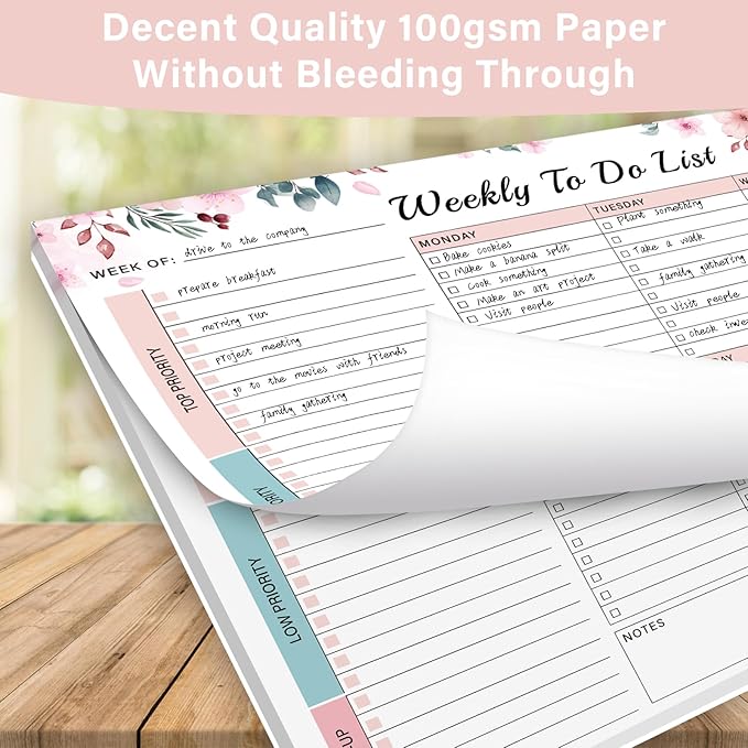 Weekly To Do List Notepad - 52 Undated Glue Bound Tear-Off Sheets (8.5"x11") for Desk Planning | Home, Work & School Organization Pad for Women & Men (Pink)