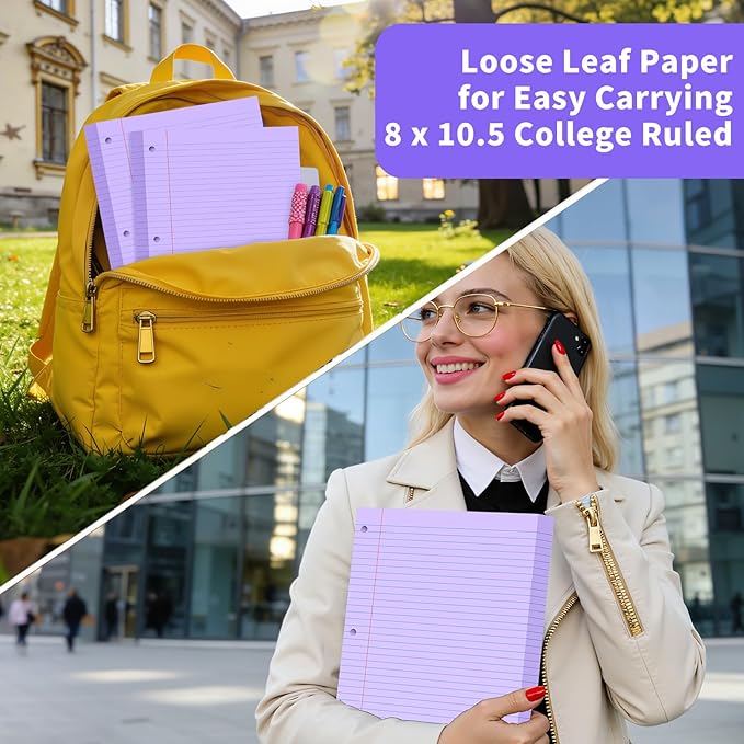 Purple Loose Leaf Paper 120 Sheets Purple Paper 8" x 10.5" College Ruled Paper Colored Notebook Paper 3-Hole Punched Lined Paper, 3 Ring Binder Paper 8 x 10.5 Filler Paper for School Office Supplies
