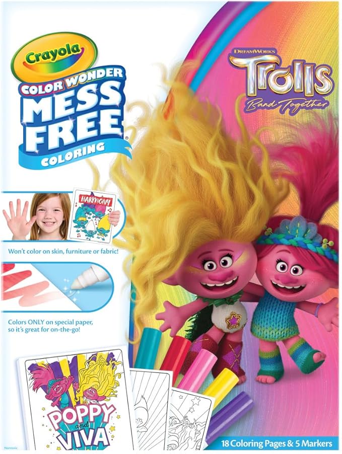 Crayola Trolls 3 Color Wonder Activity Set, Trolls Mess Free Coloring Pages for Toddlers, Travel Activity, Troll Toys, Toddler Gifts