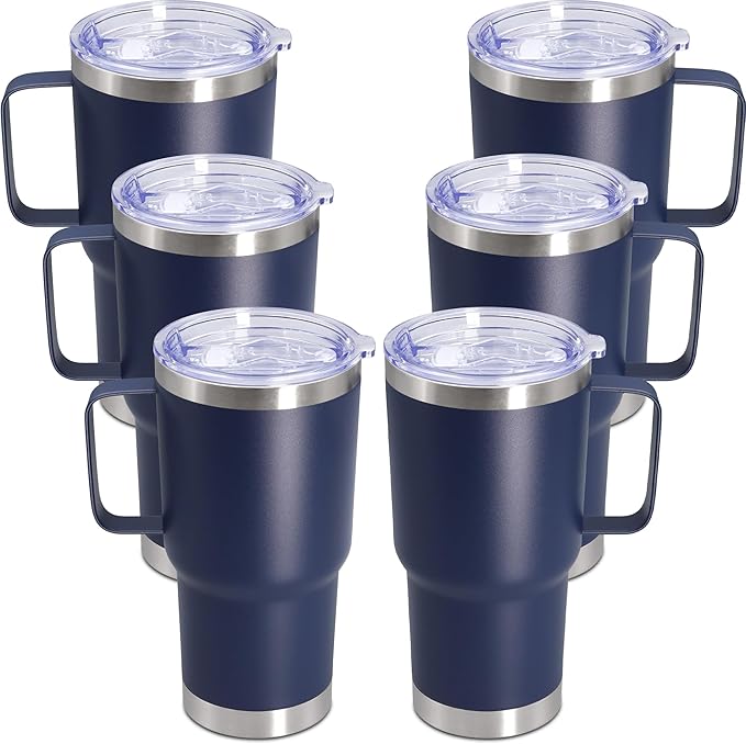 20 oz Tumbler with Handle and Lid, Stainless Steel Tumbler Insulated Travel Coffee Mug, Spill Proof Double Wall Vacuum Tumbler Cup Keep Drink Hot & Cold, Navy, 6 Pack