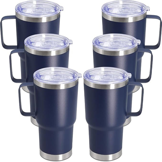 20 oz Tumbler with Handle and Lid, Stainless Steel Tumbler Insulated Travel Coffee Mug, Spill Proof Double Wall Vacuum Tumbler Cup Keep Drink Hot & Cold, Navy, 6 Pack