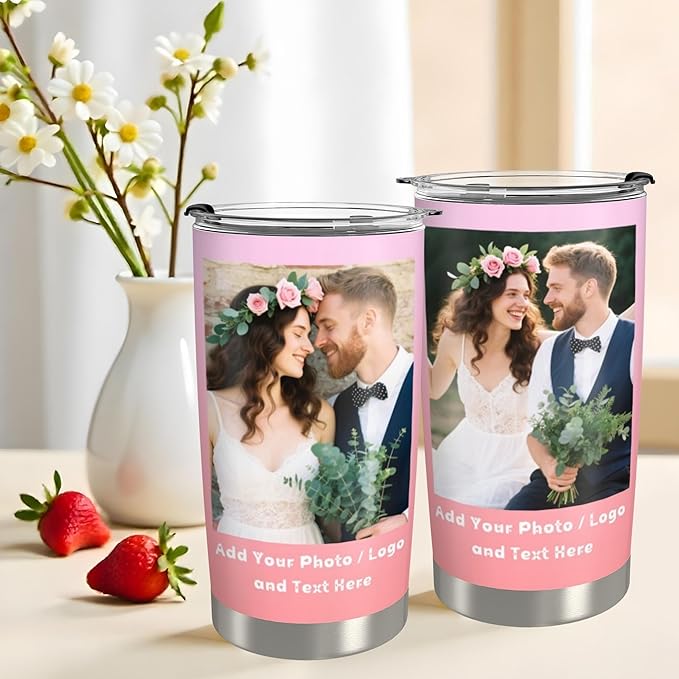 Personalized Tumbler Custom Vacuum Insulated Travel Mug Customizable Coffee Cup with Your Photos and Text Christmas Birthday Gift (2 Photos+Text)