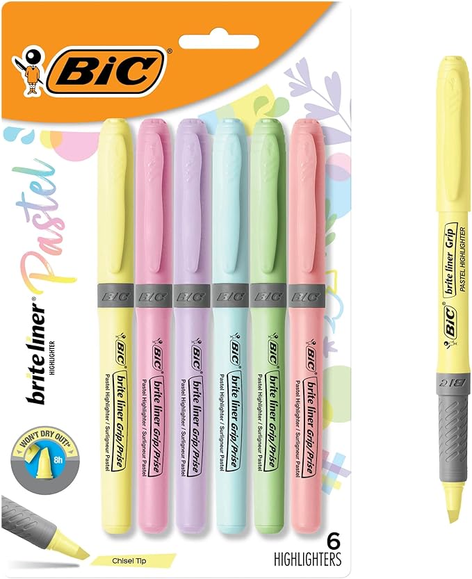BIC Brite Liner Grip Pastel Highlighter Set, Chisel Tip, 6-Count Pack of Pastel Highlighters in Assorted Colors, Cute Highlighters for Bullet Journaling, Note Taking and More