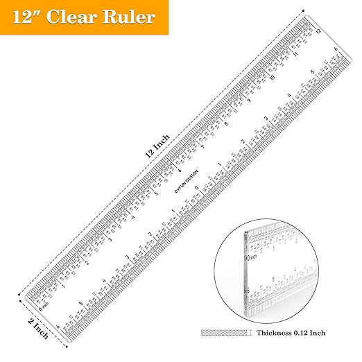 5 PCS 12" Clear Acrylic Ruler Zero-Centering Ruler with Inches & Metric Measuring Tool 12 Inch Straight Edge Rulers for Crafting Drafting Scrapbooking Card-Making Student School Office Home Tool