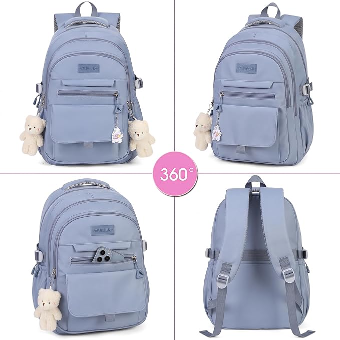 PRLINJSK Girls Backpack for College High Middle School Student, Cute Aesthetic Bookbag for Teens Women with Accessories,Blue