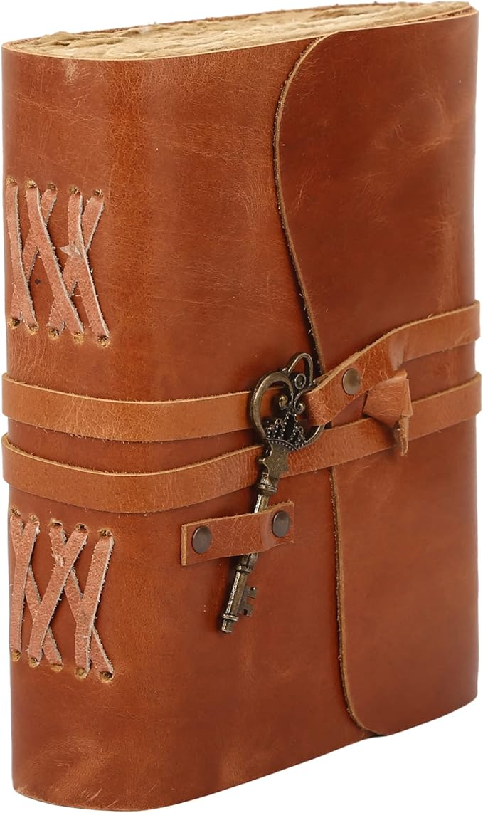 Leather Journal with Deckle Edge Paper 8x6 inch and Vintage Key | Handmade Writing Notebook Diary | Bound Daily Notepad for Men & Women Medium, Sketch/Writing pad for Artists