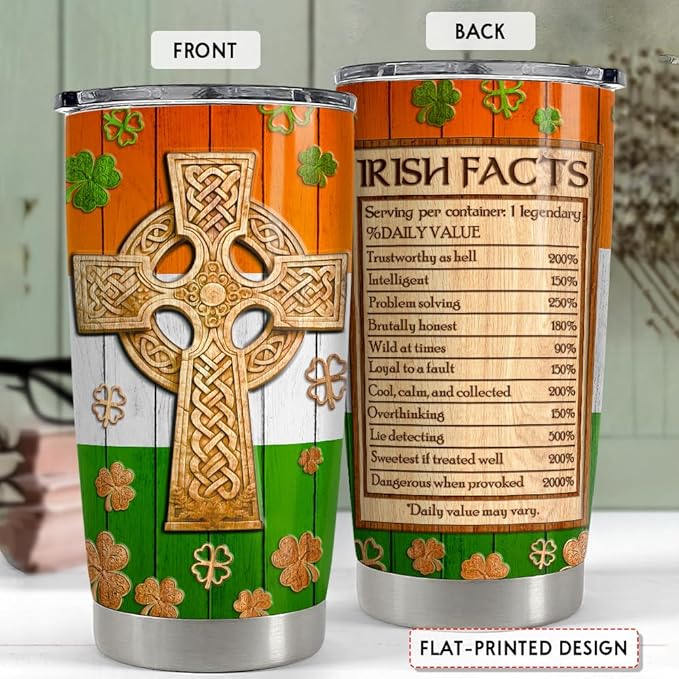 SANDJEST Irish Tumbler 20oz Celtic Cross Irish Fact Stainless Steel Tumbler with Lid Gifts for Women Birthday Christmas