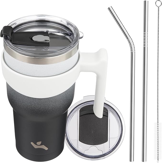 Konokyo 30 oz Tumbler with Handle and 2 Straw 2 Lid, Insulated Water Bottle Stainless Steel Vacuum Cup Reusable Travel Mug,Day Night