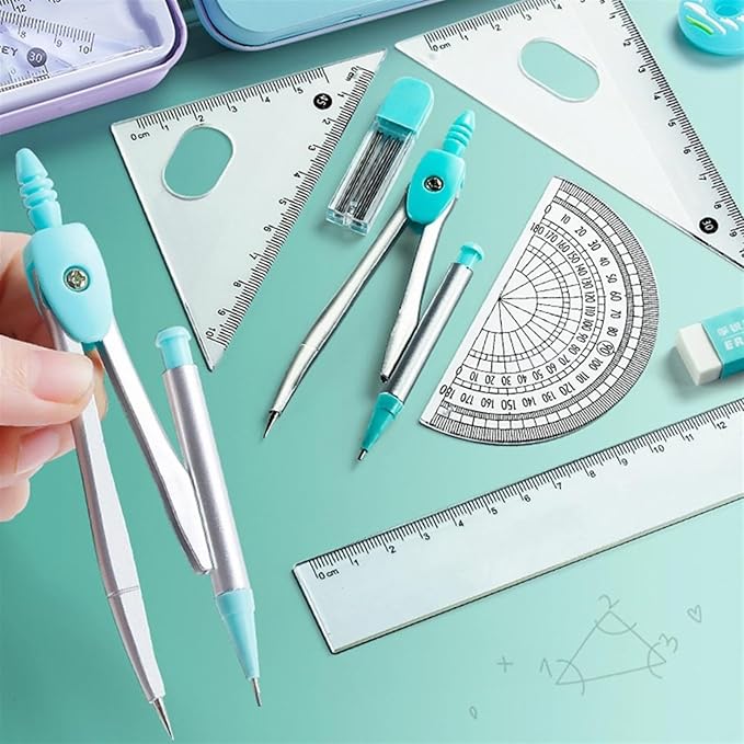 Drawing Compass Drafting Tools 7 Pieces Math Geometry Kit Set Student Supplies School Geometry Set Including Ruler, Protractor, Compass, Lead Lead, Window Box and etc Math