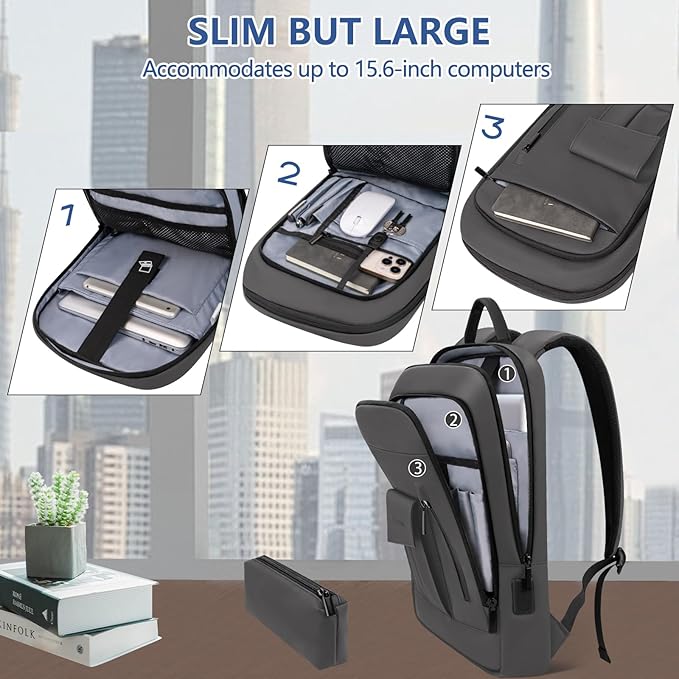Business Backpack for Men Slim Lightweight Laptop Backpack for 17.3 Inch Computer Water Resistant Small Office Backpack for Commute Travel Daily Office Work with Small Bag (Grey, 17.3")