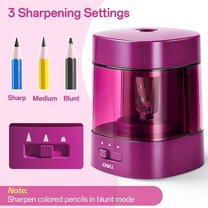 Deli Electric Pencil Sharpener, Automatic Pencil Sharpeners, Deep Pink