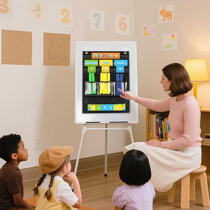 Counting Caddie and Place Value Pocket Chart for Kindergarten Preschool Homeschooling Classroom,210 Straws & 30 Number Cards & Header Cards Included (Black)