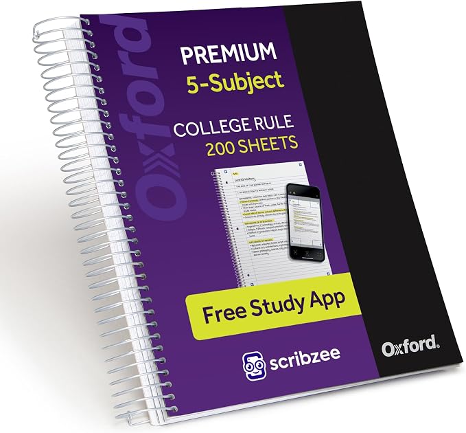 Oxford Spiral Notebook with Free Study App, 5 Subject, College Ruled, Ultra Smooth Paper, No Ink Bleed-Through, Strong Poly Black Cover, 5 Durable 2 Sided Pockets, 200 Easy Perforated 8.5"x11" Sheets