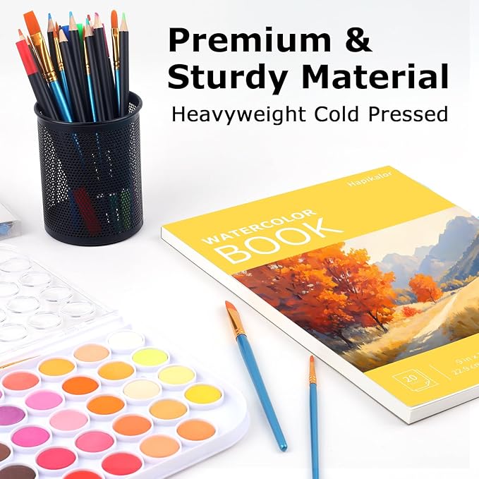 Watercolor Paper Pad 9x12, 140lb/300gsm Cold Press Drawing Paper, 20 Sheets Acid-Free Artist Sketchbook for Wet Media, Gouache & Acrylic, Double Sided Painting Paper (Yellow Cover)