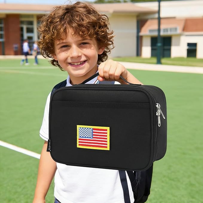FlowFly Kids Lunch box Insulated Soft Bag Mini Cooler Back to School Thermal Meal Tote Kit for Girls, Boys, Black Free USA Flag Patch Included