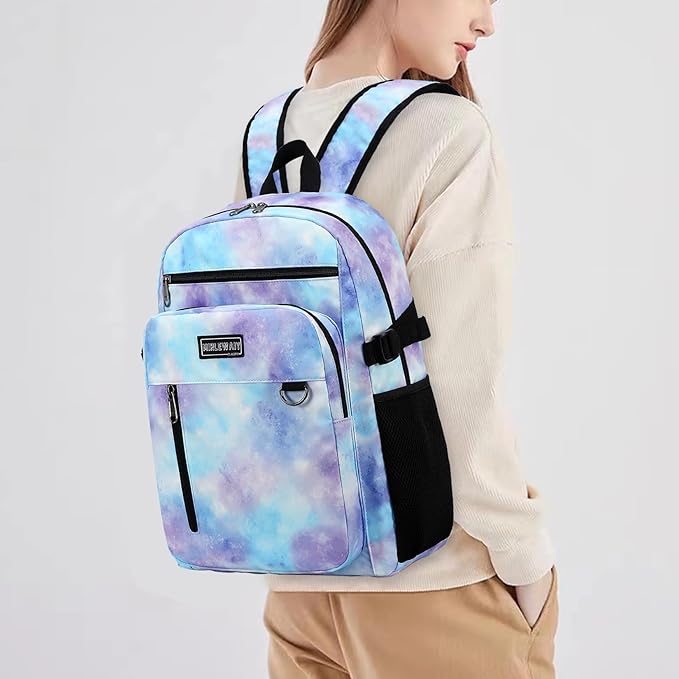 Lohol Lightweight Backpack for Teen Girls, Durable Galaxy Bookbag with 7 Pockets for School Travel (Blue Purple)