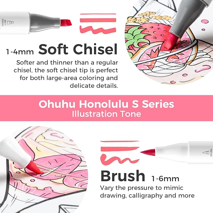 Ohuhu Alcohol Markers: Soft Chisel 60 Illustration-color Brush & Soft Chisel Dual Tips Drawing Markers for Artist Beginner Adult Coloring Illustration Sketching -Honolulu S - Red Dot Award Winner