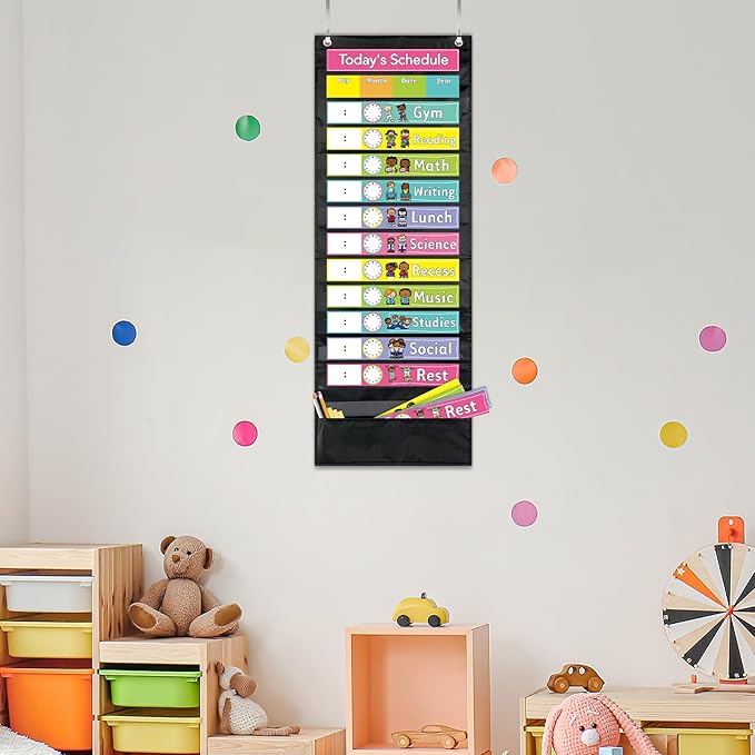 JarThenaAMCS Daily Schedule Pocket Chart 13 x 35.5 Inch 13 + 1 Pockets Visual Schedule Chart Board with 24 Cards for VBS Decoration Sunday School Classroom Home Office Supplies