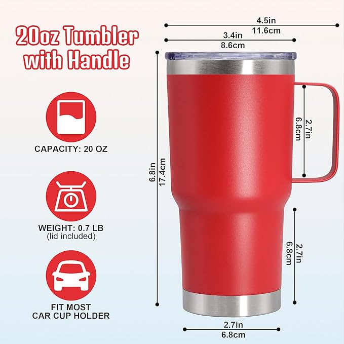 20 oz Tumbler with Handle and Lid, Stainless Steel Tumbler Insulated Travel Coffee Mug, Spill Proof Double Wall Vacuum Tumbler Cup Keep Drink Hot & Cold, Red, 1 Pack