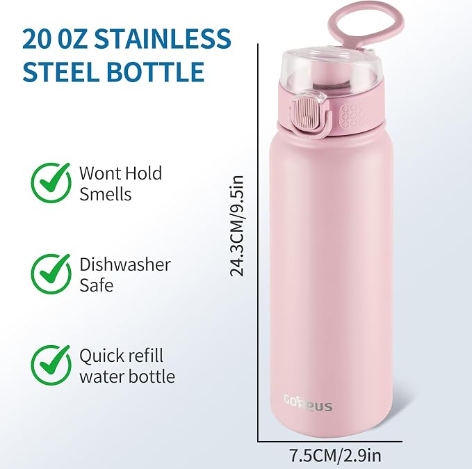 GOPPUS Insulated Water Bottle 20oz Stainless Steel BPA-Free Sports Bottle Ideal for School and Travel Silicone Spout Lid Prevents Leaks, Sweat, and Dust (Pink)