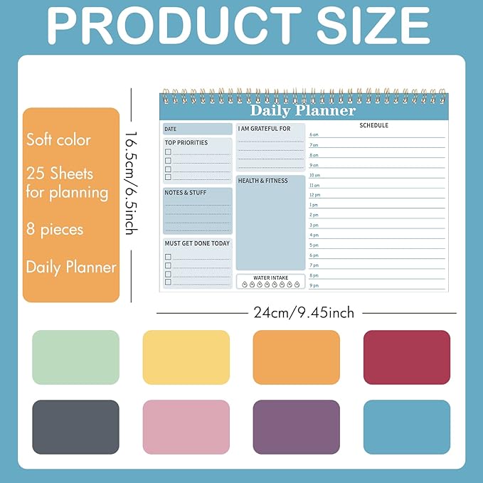 8 Pack To Do List Notepad 25 Page Undated Daily Planner Notepad To Do List Notebook Spiral Waterproof with Task Checklist for Home Office School Supplie Schedule Work(9.45 x 6.5 Inch,Stylish Color)