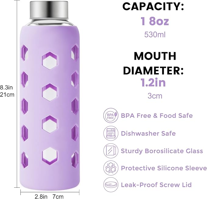 Mrsdry 18 oz Glass Water Bottles with Lids & Silicone Sleeves, 4-Pack | BPA Free, Leak-Proof Reusable Glass Drinking Bottles with Stainless Steel Airtight Cap for Juicing, Dishwasher Safe, Non-Slip