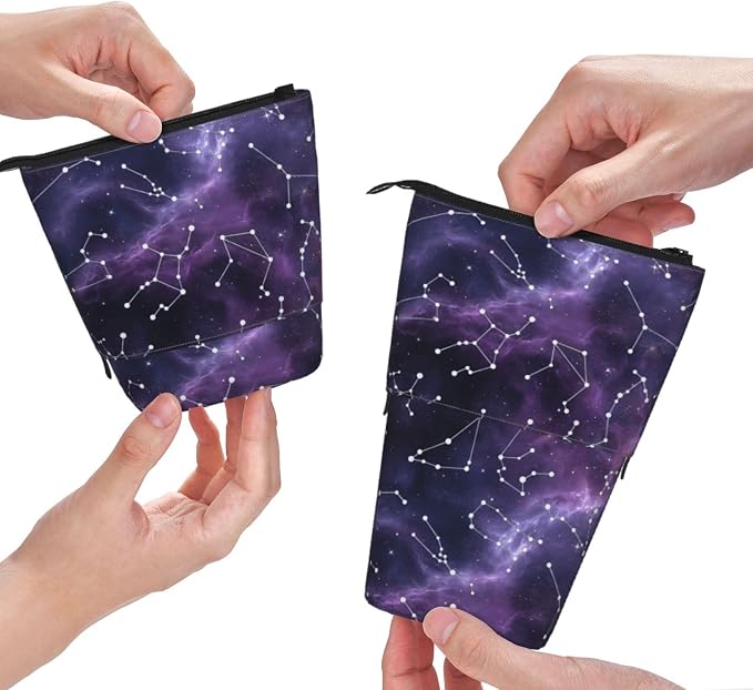 Purple Constellation Standing Pencil Case Cute Telescopic Stationary Pouch with Zipper Large Capacity Stand up Pen Bag Portable Makeup Holder for School Office Supplies