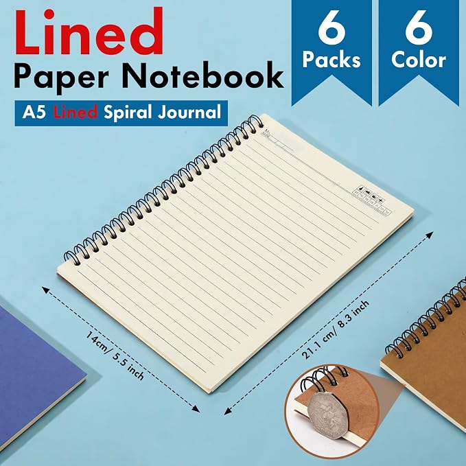 Epakh 6 Pack Spiral Notebooks A5 Bulk Back to School Hardcover Spiral Journal Notebook 5.5 x 8.3 Inch, First Day of School Journal Paper Notebook for Writing, 50 Sheets 100 Page