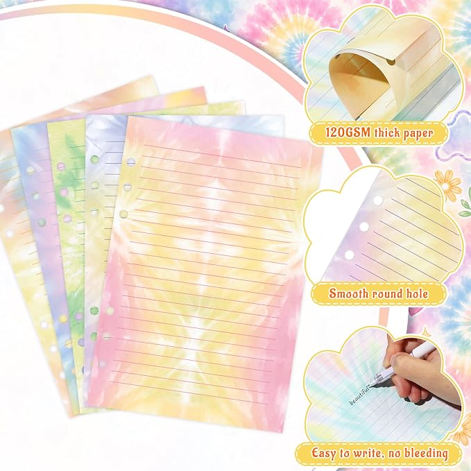 100 Sheets Tie Dye A5 Planner Inserts - 120GSM Thick Rainbow Refill Paper for A5 6-Ring Binder, Watercolor 6 Hole Loose Leaf Sheets for Journal Diary Notebook Budget Creative Planning