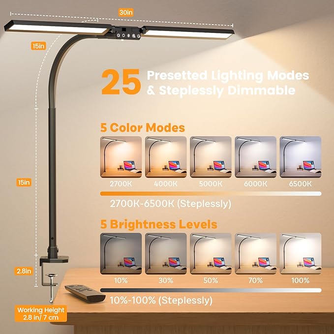 SIBRILLE Upgraded LED Desk Lamp for Home Office with RGB, Rotatable Computer Desk Light with Remote, Tall Table Lamp with Clamp for Working, Dimmable Dual Head Task Lighting for Monitor PC, 22W