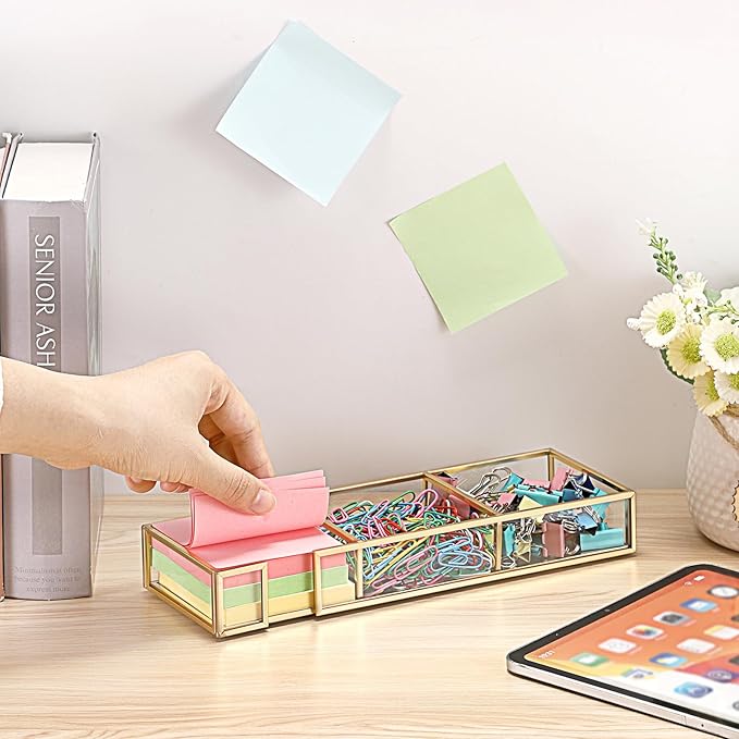 BTSKY Golden Glass 3 In 1 3x3 Inch Sticky Note Holder, Elegant Post It Note Dispenser Paper Clip Holder with Non-Slip Pads Clear Notepad Holder for Desk Organization Planning, Home Office Decor