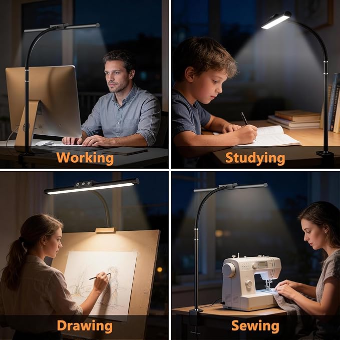 LED Desk Lamp for Home Office, Flexible Gooseneck Desk Lamp with Clamp, 5 Color Touch Control Stepless Dimming Adjustable Eye-Caring Desk Light with Adapter for Reading, Drafting, Study, Workbench