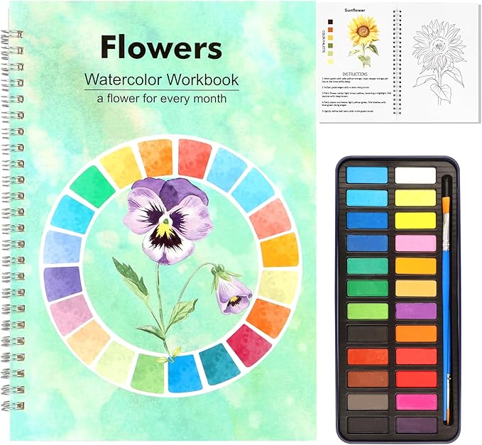 Watercolor Workbook, 24 Colors Solid Paint Set, Flower Themed DIY Patterns, Anti-Warp Paper, Beginner Friendly Art Kit For Adults Teens Kids
