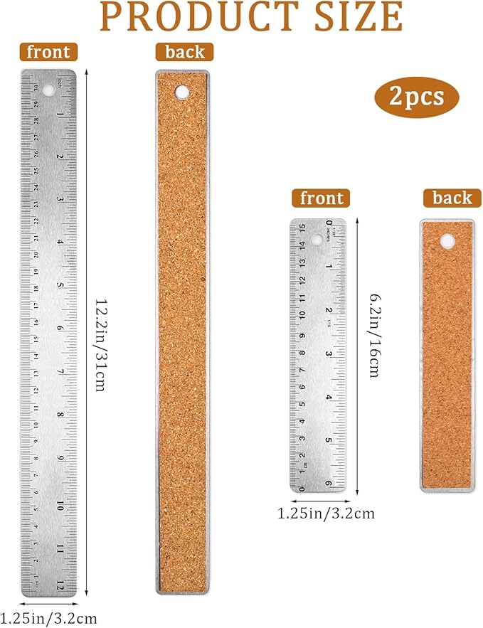 Metal Ruler Cork Backed 6 Inch 12 Inch Stainless Steel Metal Rulers with Cork Backing Non-Slip Straight Edge Ruler with Inch and Centimeters for Student School Office Drafting Tools
