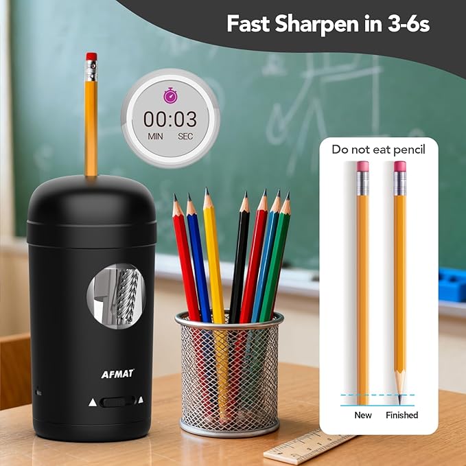 AFMAT Electric Pencil Sharpener, Fully Automatic Pencil Sharpener for 7-8mm Pencils & Colored Pencils, Auto in & Out, Rechargeable Vertical Hands-Free Sharpeners for Classroom/Home/Office PSX7(Black)