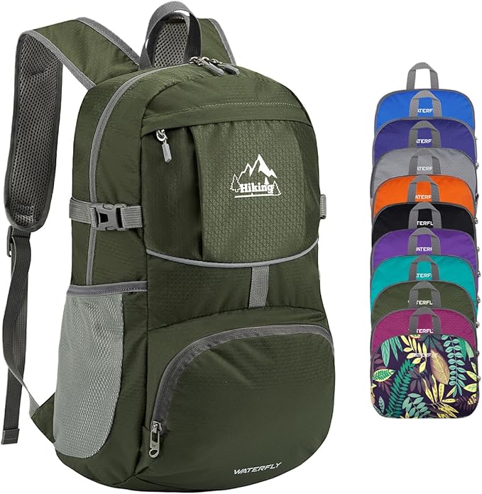 WATERFLY Hiking Packable Daypack Backpack: 25L Ultra Lightweight Day Pack for Women Men - Small Compact Folding Back Pack for Outdoor Sport Cycling Camping Travel Trip - Green