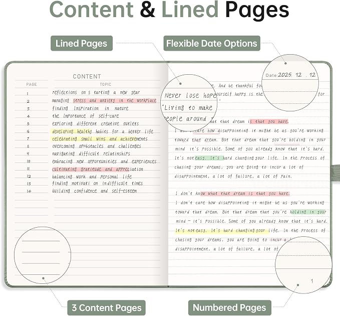 EMSHOI Lined Journal Notebook, 192 Numbered Pages, A5 Size (5.7'' x 8.3'')