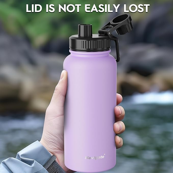 Navigate 32oz Insulated Water Bottle for Sports, Keep Cold 24H | 2-in-1 Spout and Handle Lids, Double Leak-Proof, 18/8 Stainless Steel, BPA-Free, Wide Mouth for Gym and Hiking,Purple