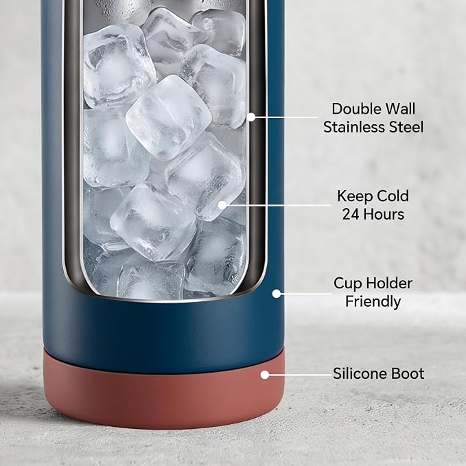 Fijinhom 24 oz Insulated Water Bottle with Straw Lid, Stainless Steel Water Bottles, Double Wall Vacuum, Portable Handle & Non-slip Bottom, BPA Free Leak Proof Metal Bottles, Keep Cold 24H, Sapphire