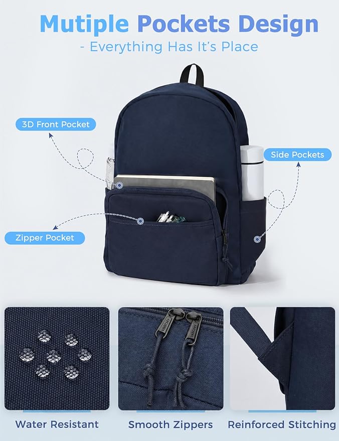 VASCHY School Backpacks, Lightweight Bookbag Schoolbag for Boys Girls Casual Basic Simple Daypack for Men Women Navy