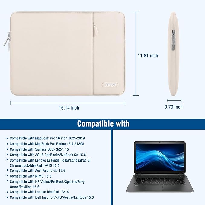 MOSISO Laptop Case 16 inch, 15-15.6 inch Laptop Sleeve Compatible with MacBook Pro 16 M5 M4 M3 M2 M1, HP Acer Dell Lenovo ASUS, Polyester Vertical Computer Sleeve Bag with Pocket, Sand