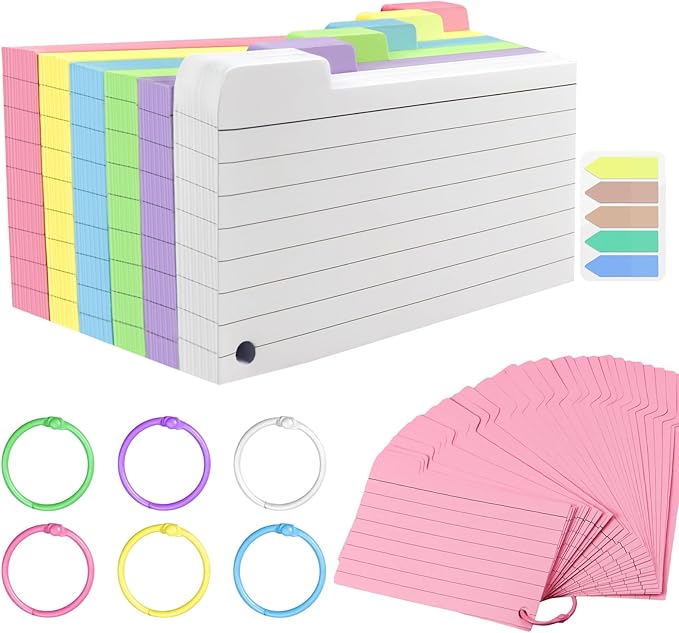 300 Pack Index Cards, 3" x 5" Ruled Index Cards with Ring, Colored Lined Flash Cards, Both Sides Note Cards Study Cards, Memo Scratch Pad for Office School Home (6 Colors)…