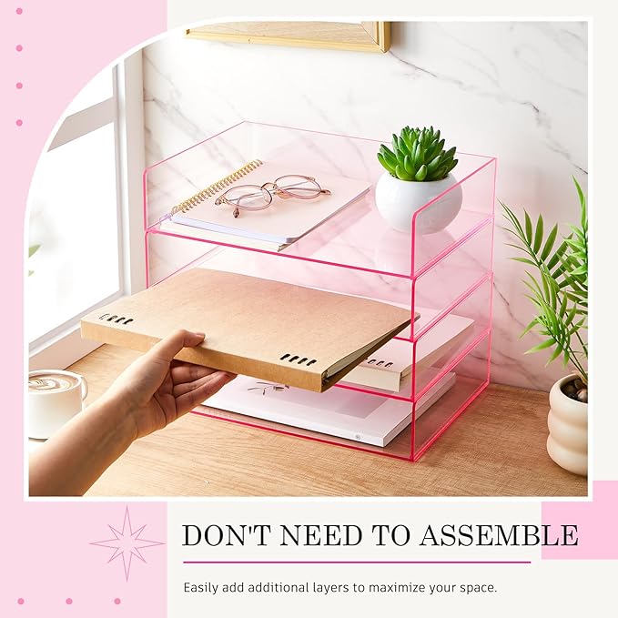 Harloon 4 Tier Paper Organizer Letter Tray Pink Acrylic Desk File Organizer Heavy Duty Stackable Documents Clear Letter Paper Holder Office Tray for A4, Office Classroom Home File Pad Notebooks