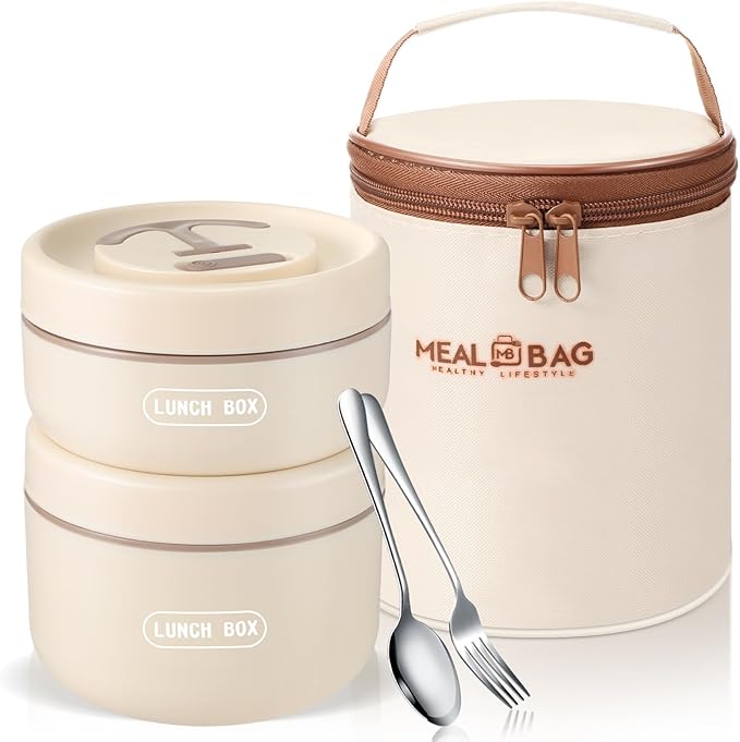 Dandat 2 Pcs Portable Insulated Lunch Containers Thermal Bento Box with Bag Fork Knife Microwavable Stainless Steel Lunch Box 15.2 oz 21 oz Separate Stackable Food Jar for Adult Men Women(Beige)